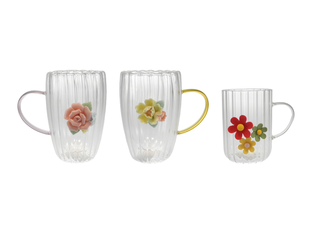 Glass Water Cup with Handle And Vertical Stripes Pattern YD-CUP-179