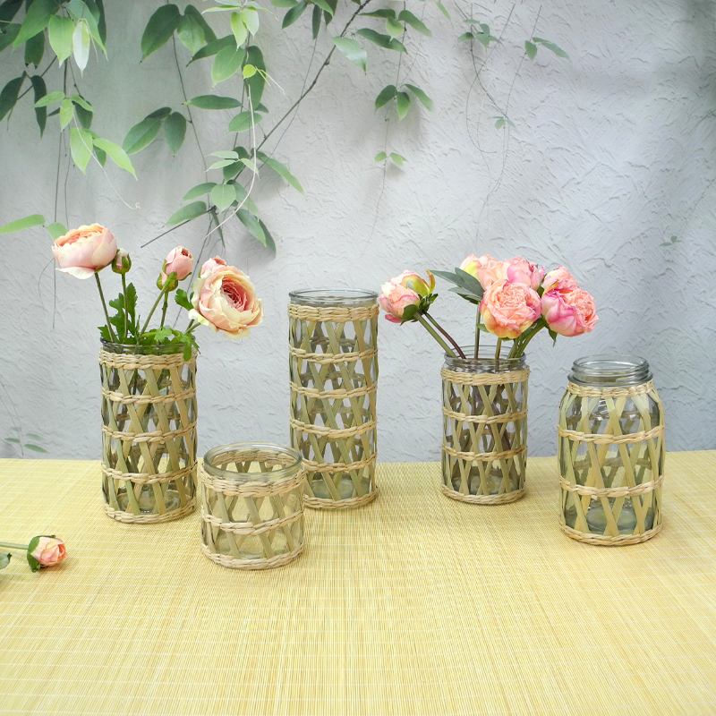 Rattan And Bamboo Mixed Glass Vases YD-ACC-023