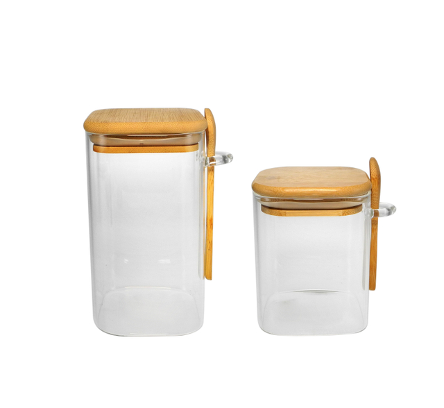 Rectangular Wooden-covered Glass Storage Jar with A Spoon And Made of High Borosilicate Glass YD-STJ-099