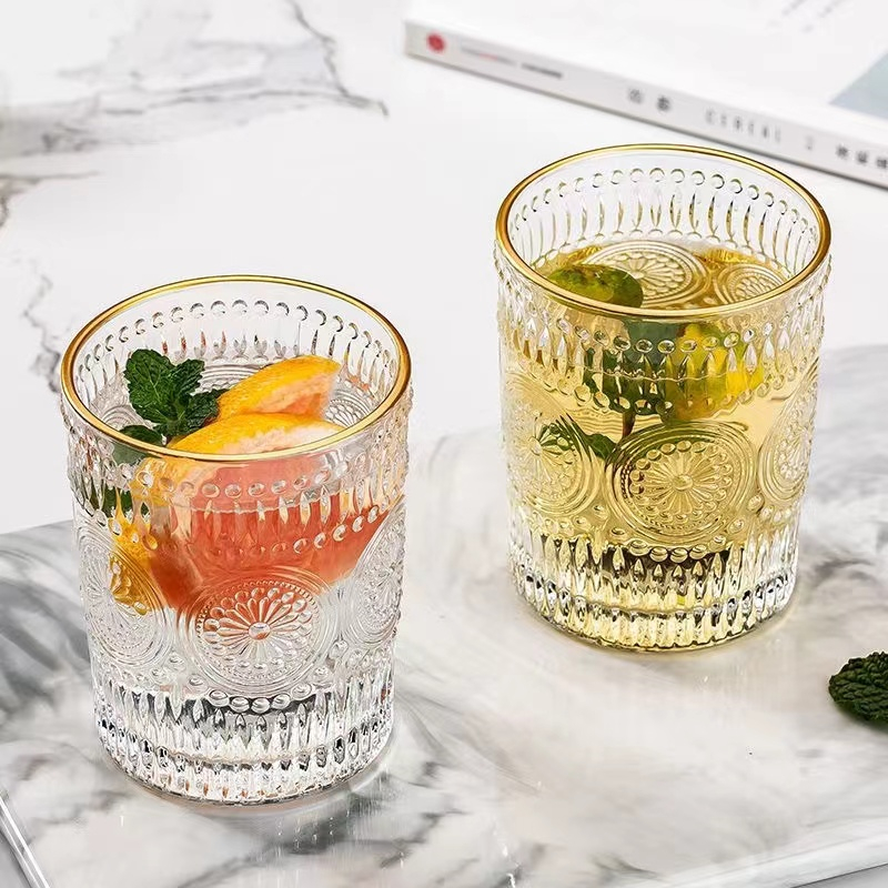 Gold Rim Embossed Pattern Glass Cup YD-CUP-034